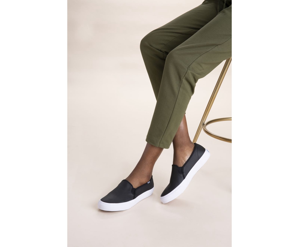 Slip Ons Keds Mujer Negros - Double Decker Cuero - 1567-XBTYG